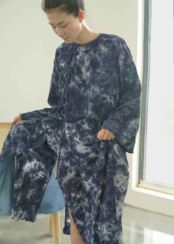 燕燕~全新中式斜襟寬袖皺布襯衫 早秋復古紮染寬鬆上衣 ＋長裙 可搭配套裝 ab2228301 