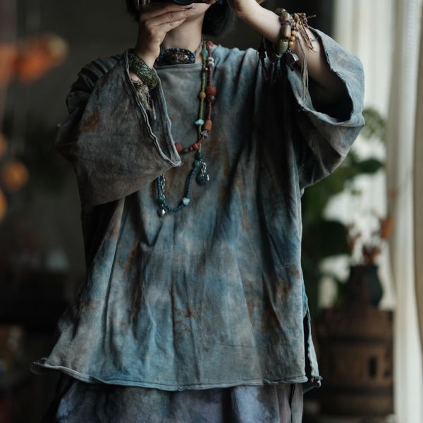 燕燕~復古手工植物染針織棉寬鬆百搭打底T恤 上衣 ab237201 