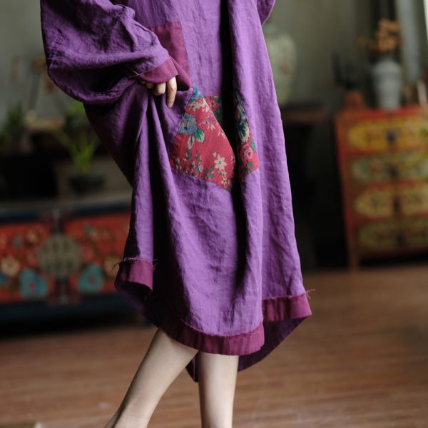 燕燕. 純麻   毛邊撞色大袍洋裝 連身裙。ab143601 