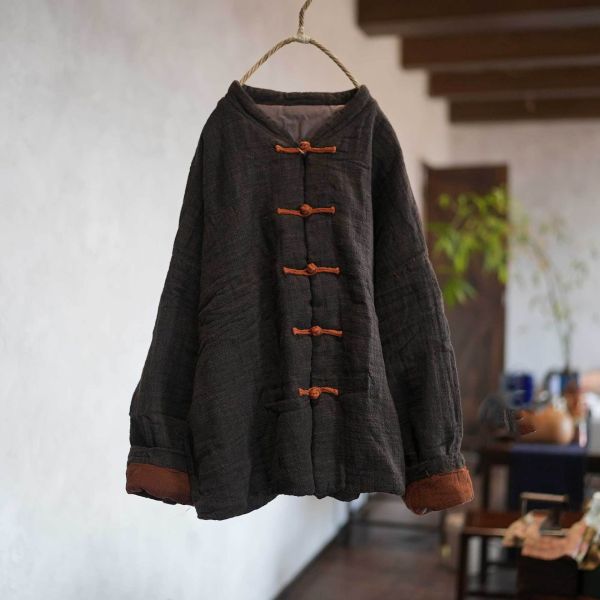 燕燕！手工盤扣 成衣水洗 高品質色織亞麻 加厚大版寬鬆盤扣棉襖外套 ab446101 