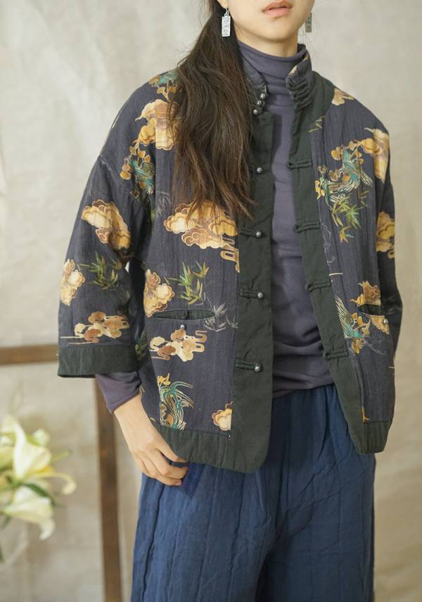 燕燕棉麻～數碼印花款 對襟加厚棉衣外套  ab2143501 