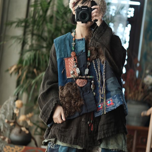 燕燕~秋冬新款 復古文藝純手工老布拼貼小眾氛圍夾棉背心 ab226301 