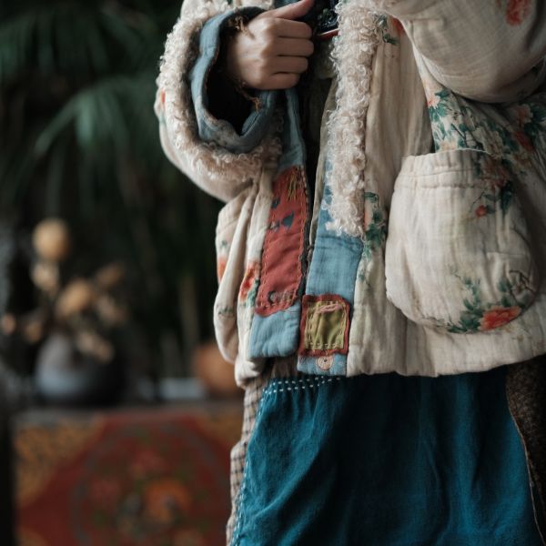 燕燕～復古文藝羊羔絨拼接印花寬鬆棉衣外套 ab226601 