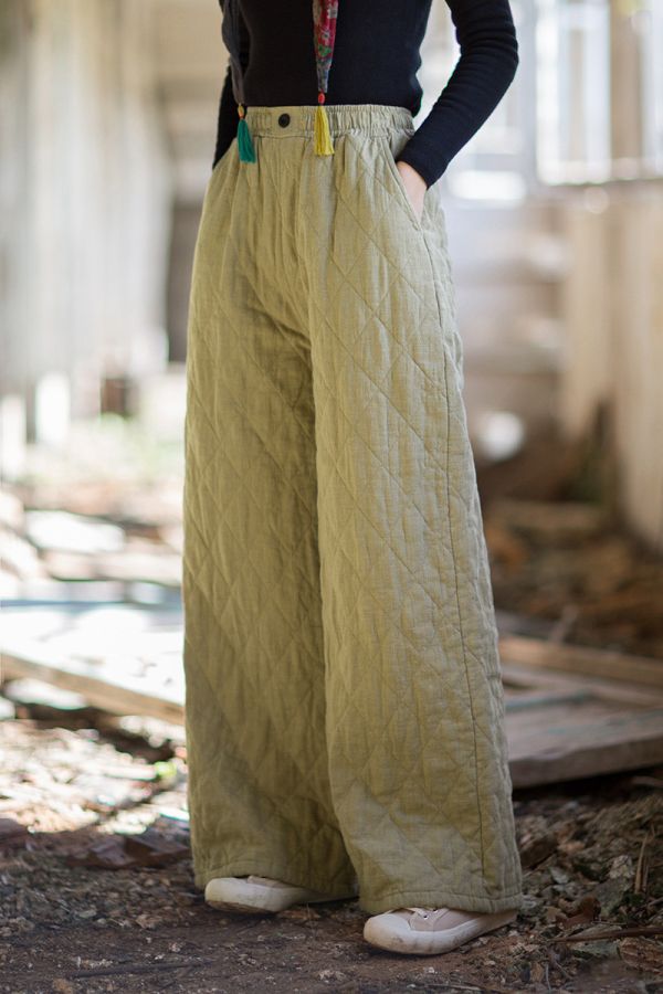 燕燕~冬季新款 苧麻夾棉菱格絎縫長褲  加厚保暖文藝直筒棉褲 