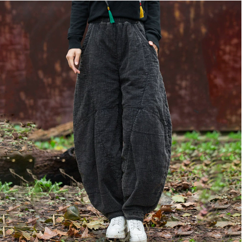 燕燕~秋冬款 苧麻夾棉  砂炒做舊垂感寬鬆燈籠褲 打坐禪修 太極褲 棉褲 