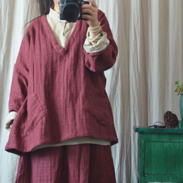 燕燕~棉麻材質 文藝休閒大V領上衣 