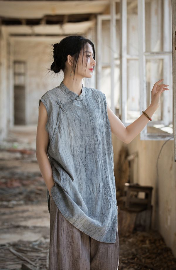 燕燕~莧麻薄款 夏季新款 全新中式盤扣無袖紮染上衣 