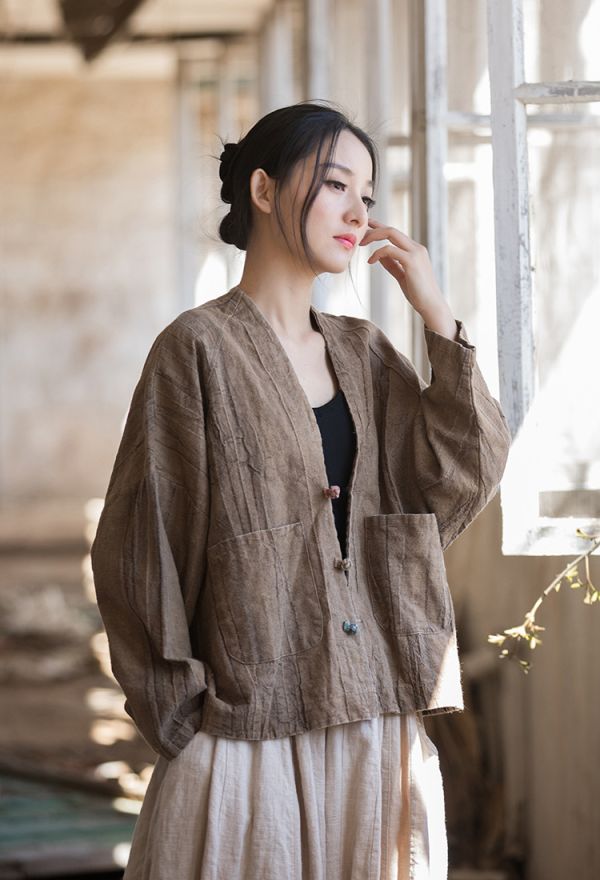 燕燕~夏棉麻新品 苧麻  紮染砂洗做舊禪修盤扣上衣  文藝復古開衫外套 長袖棉麻衫 