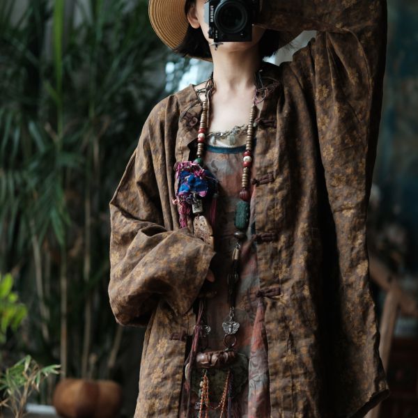 燕燕~棉麻商品~純亞麻 雪花洗印花工藝寬鬆外套 