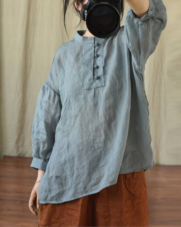燕燕~棉麻商品~精細苧麻材質 盤扣七分袖襯衫寬鬆文藝泡泡袖上衣小衫 