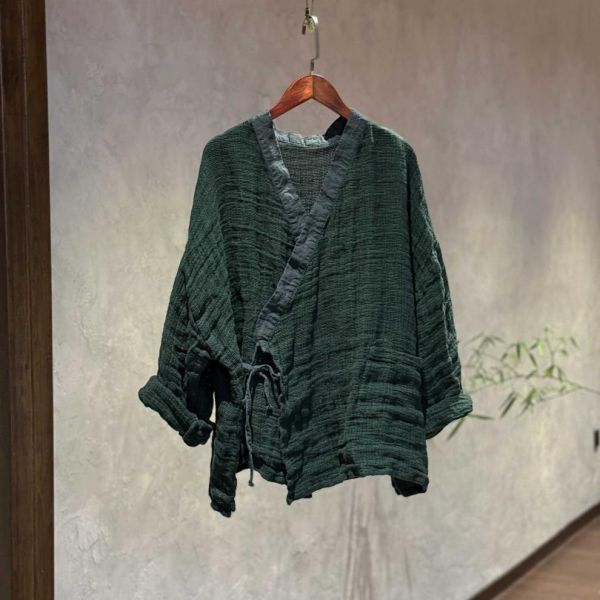 燕燕~高品質粗砂亞麻上衣 休閒復古百搭交領長袖外套 