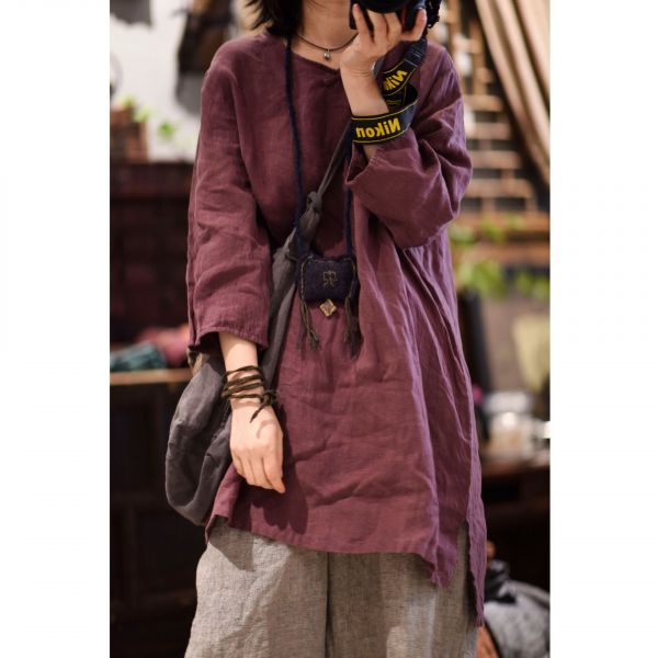 燕燕~亞麻 文藝復古手縫盤扣V領套頭七分袖 中長款麻衫 