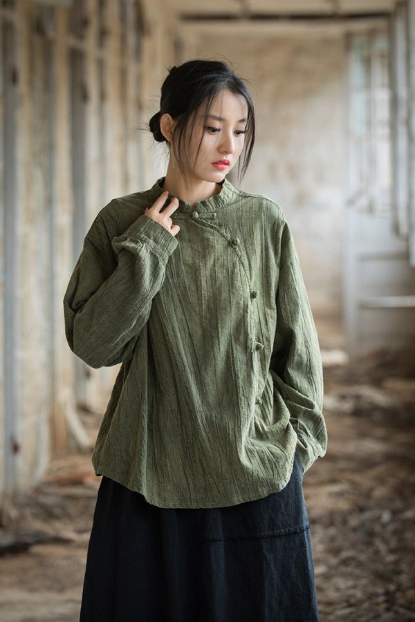 燕燕~莧麻棉～薄手工紮染改良盤扣上衣 防曬長袖T恤 