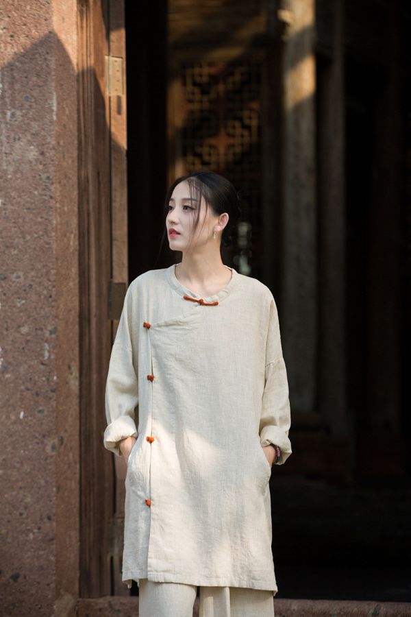 燕燕~秋季新款 苧麻砂洗大開襟衫 新中式改良簡約禪意上衣 
