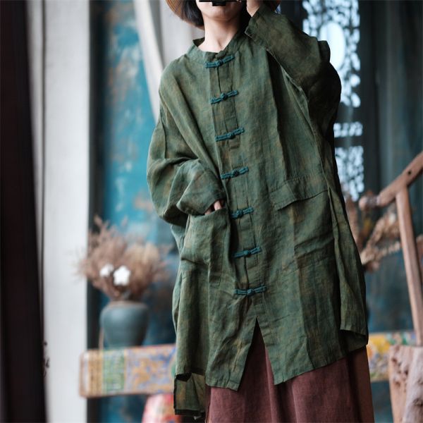 燕燕~秋冬新款 苧麻  寬鬆不對稱口袋長外套襯衫 上衣 外套。ab143501 