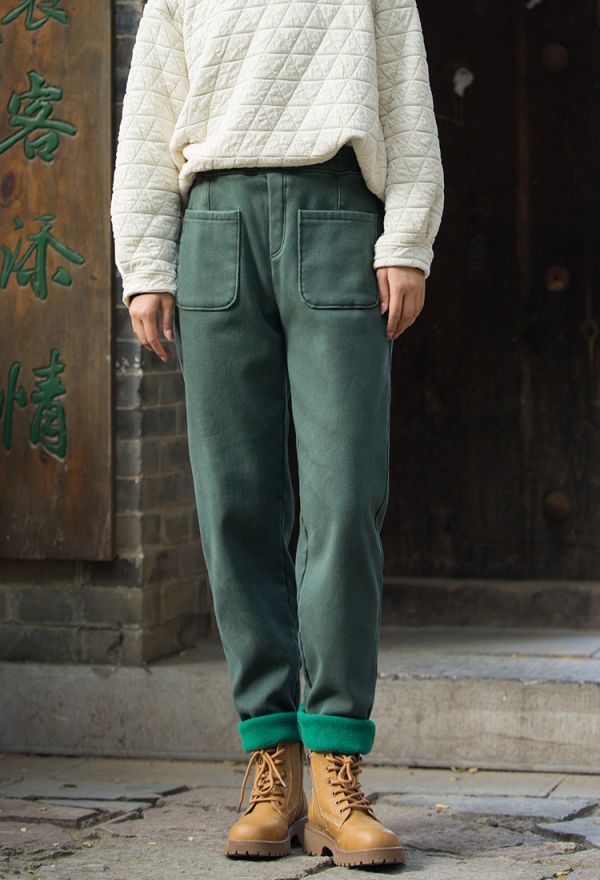 燕燕~棉麻商品~秋冬新款   時尚工裝風休閒褲加絨加厚保暖高腰女式直筒褲棉褲 長褲 