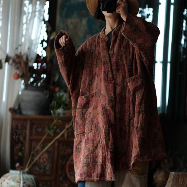 燕燕~棉麻商品~雙層棉紗。  復古大花寬鬆立領棉衣棉外套     ab192701 