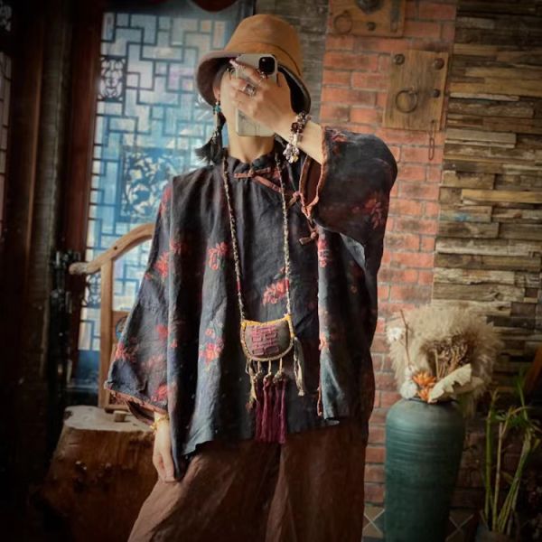 燕燕~春夏款 純亞麻 復古印花寬鬆蝙蝠袖麻衫 上衣 長袖棉麻衫  ab190101 
