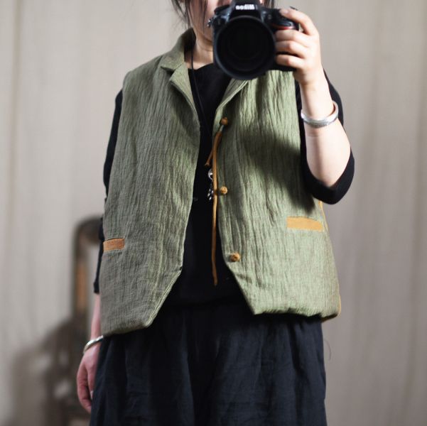 燕燕~秋冬款 棉麻女撞色小西服 文藝盤扣保暖背心 