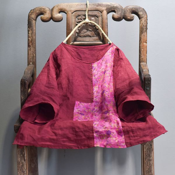 燕~棉麻商品~苧麻材質 復古撞色拼布中袖手工繡線上衣 T恤  短袖棉麻衫 