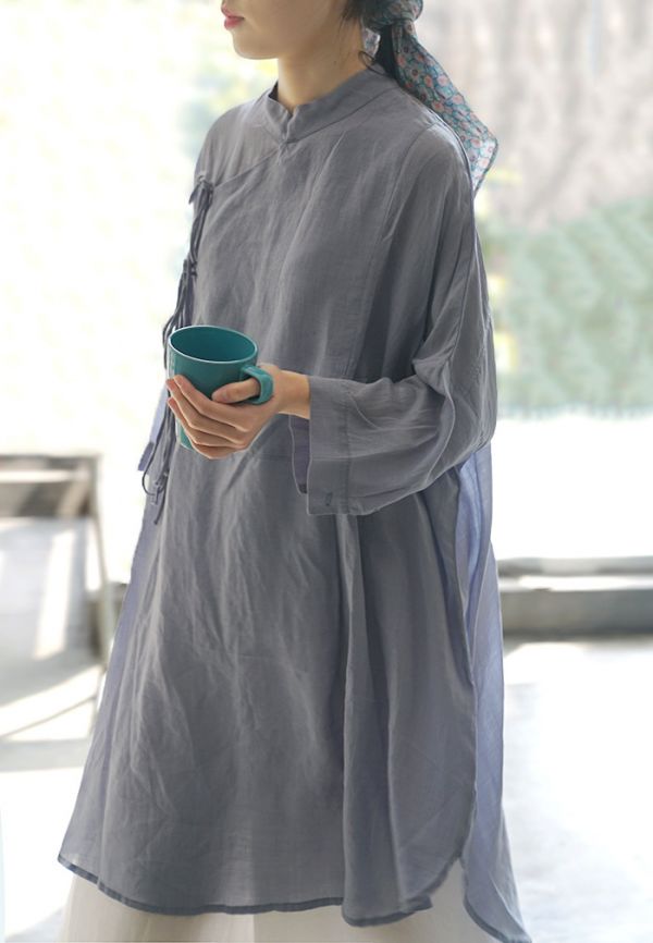 燕燕~棉麻商品~日系森林系  立領繫帶襯衫連身裙  1-19199 