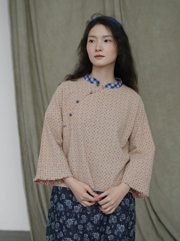 全新中式提花撞色寬鬆上衣 春季復古斜襟寬鬆襯衫S25038 