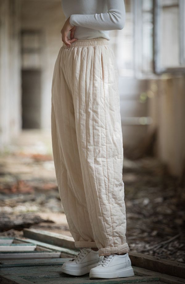 燕燕~冬季新款 夾棉加厚保暖休閒褲 絎縫豎格個性棉褲 長褲 