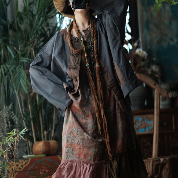 燕燕~亞麻~復古盤扣炒色做舊拼接長袖襯衫 上衣 外套 ab203301 