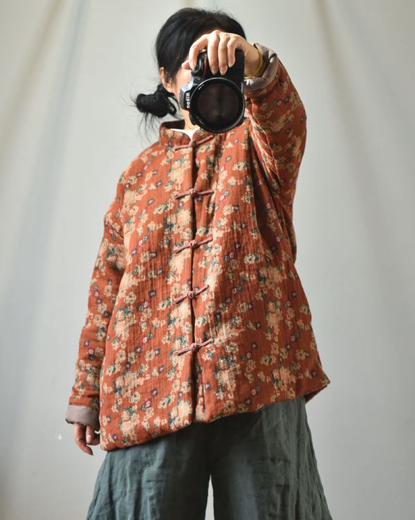 燕燕~棉麻商品~棉麻材質 立領便中式開衫棉服 復古印花保暖棉衣外套 