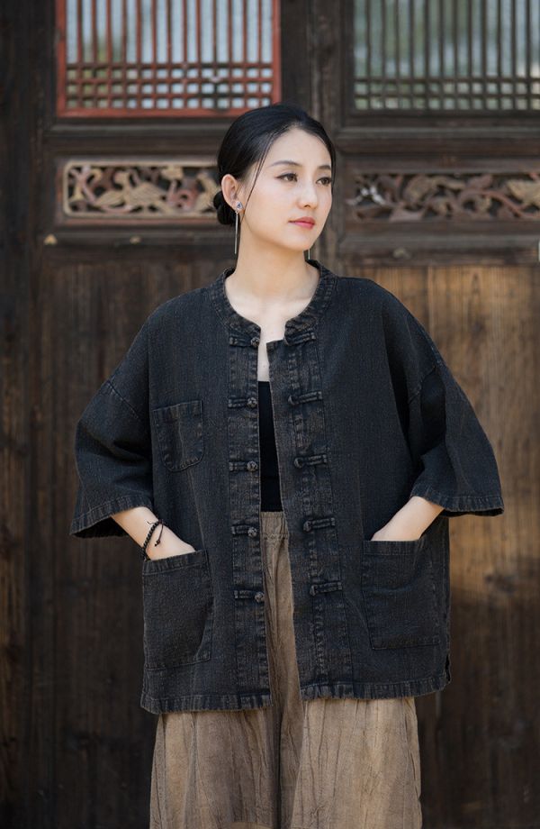 燕燕~夏季款式～莧麻 炒色做舊上衣 禪意茶服女盤扣襯衫 