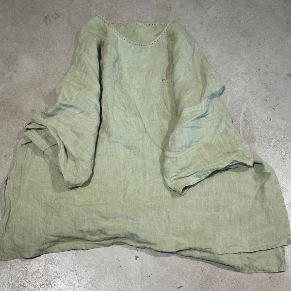 燕燕~夏季新款 全新復古亞麻手工縫線套頭寬鬆半袍前短後長上衣 