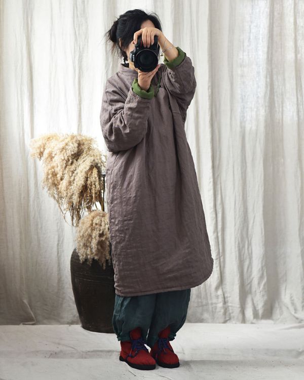 燕燕~秋款 條紋色織亞麻棉袍 復古斜襟盤扣寬鬆長棉衣手縫線棉服連身裙 洋裝 (此件商品不退換） 