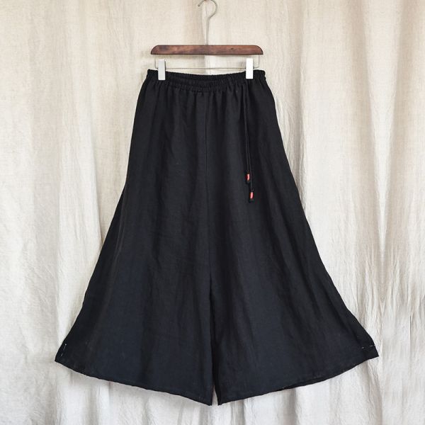 燕燕~棉麻商品~亞麻材質 寬鬆顯高顯瘦闊腿褲 民俗風寬褲 文藝休閒鬆緊腰褲裙 盤扣帶長褲 