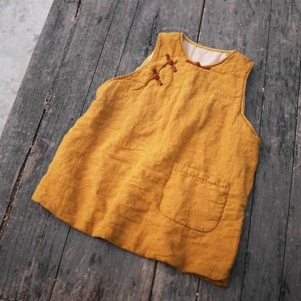 燕燕～色織亞麻 文藝復古中式盤扣夾棉寬鬆背心 