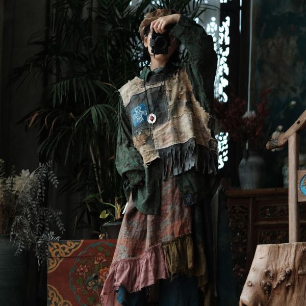 燕燕~棉麻商品~復古文藝拼布髒染背心 ab223501 