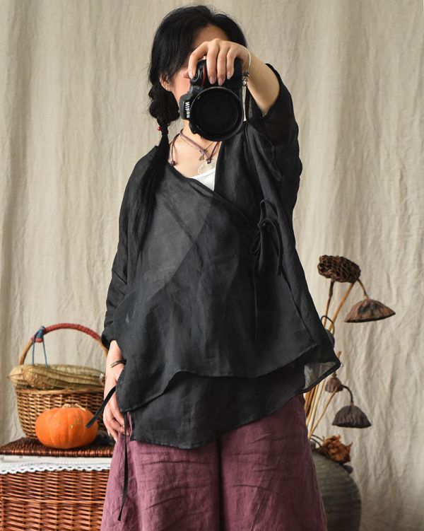 燕燕~棉麻商品 輕薄款 苧麻材質 斜襟開衫繫帶上衣 長袖棉麻衫 