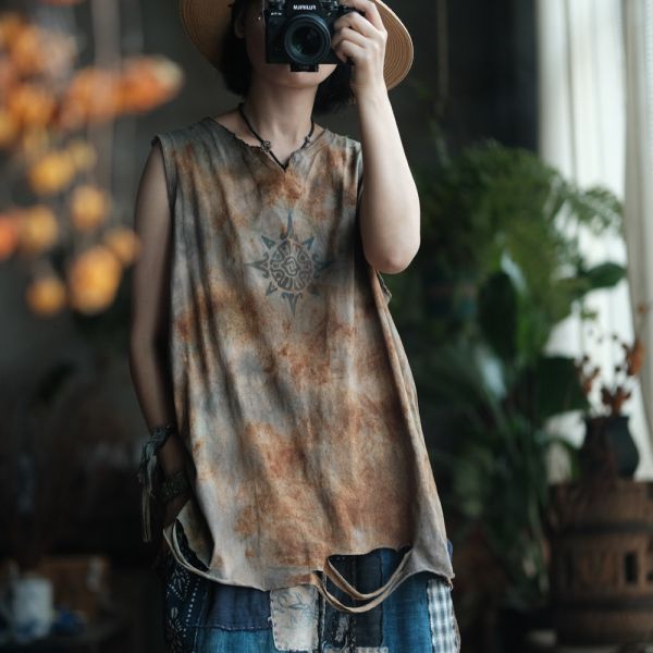 燕燕~夏季款式 復古手工植物染棉料V領背心 