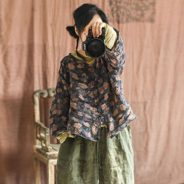 燕燕~棉麻商品~春秋夏款  輕薄苧麻. 數碼印花文藝復古長袖 上衣 女式襯衫 外套 