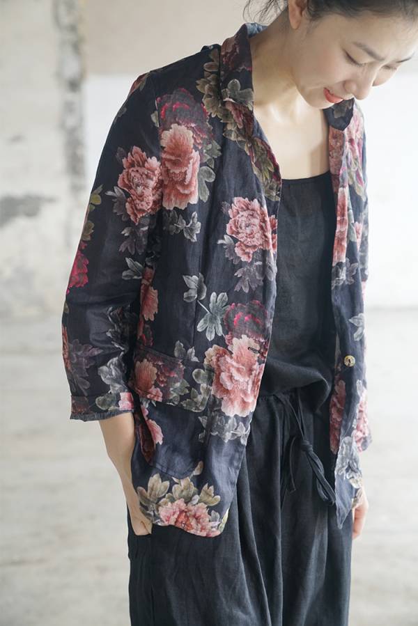 燕燕~棉麻商品~苧麻材質  印花西裝開衫外套 顯瘦百搭長袖棉麻衫 ab228101 