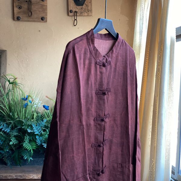 燕燕~秋冬新款 苧麻  寬鬆不對稱口袋長外套襯衫 上衣 外套。ab143501 