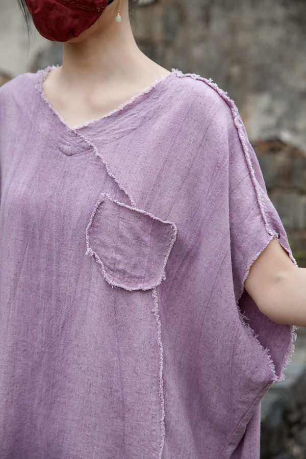 燕燕~夏季新款 亞麻染砂洗做舊磨毛 原創不規則上衣 T恤 