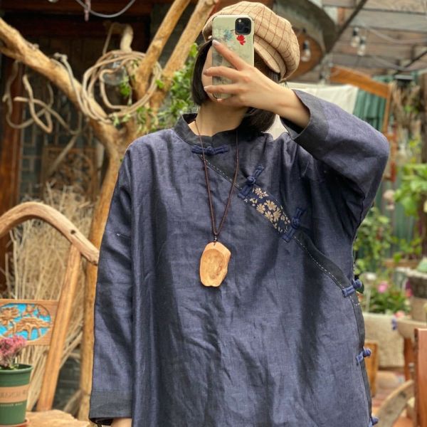 燕燕~棉麻商品~新中式色織蘭麻懷舊立領斜襟磨有里夾袍洋裝。連身裙。 ab176201 