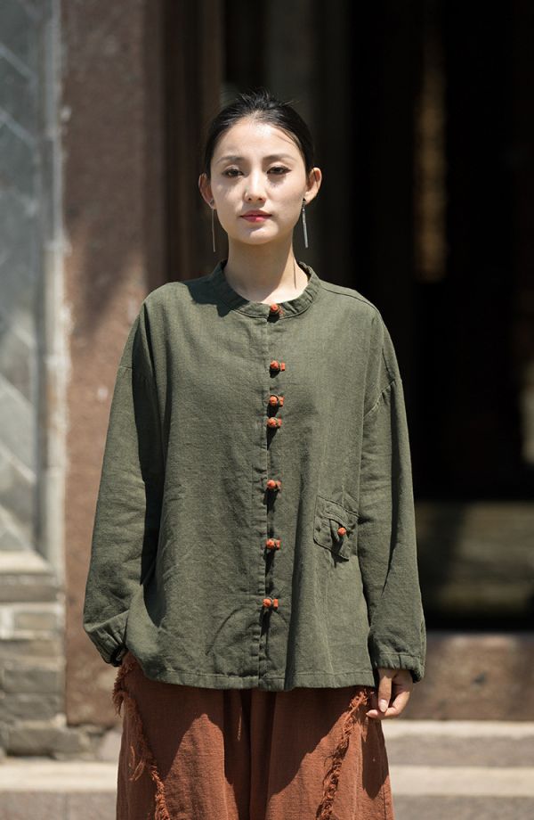 燕燕~秋冬新品～苧麻拼色盤扣對襟開衫上衣外套 