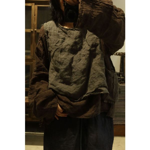 燕燕～早秋款。水洗亞麻  文藝復古軟糯圓領套頭坎肩背心 