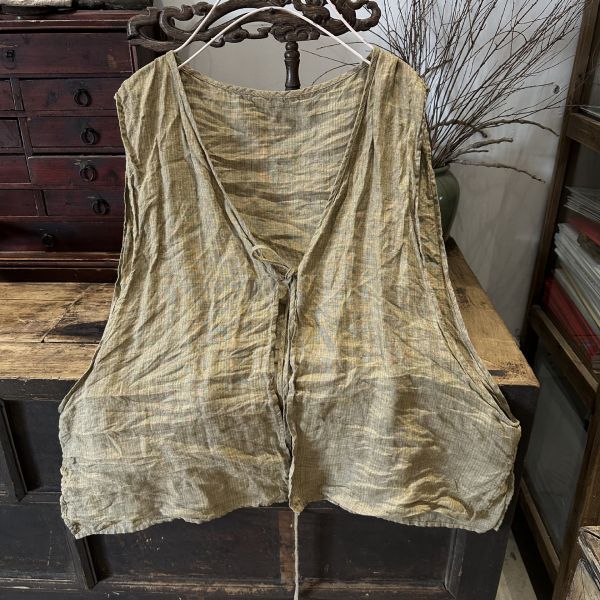 燕燕~棉麻商品~春夏款  亞麻 文藝復古色織條紋開衫繫帶穿搭背心 