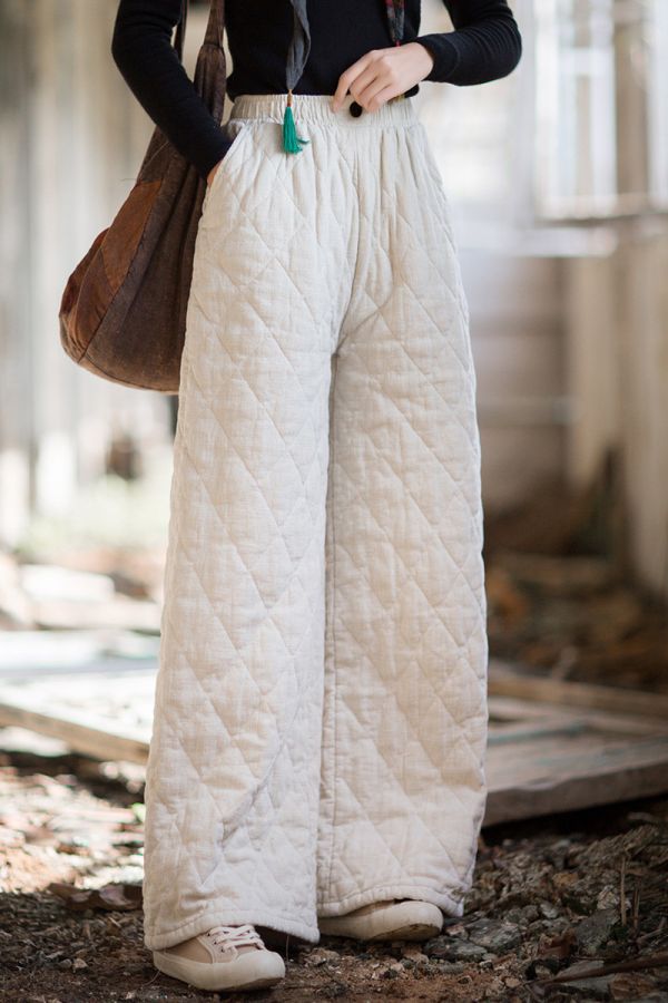 燕燕~冬季新款 苧麻夾棉菱格絎縫長褲  加厚保暖文藝直筒棉褲 