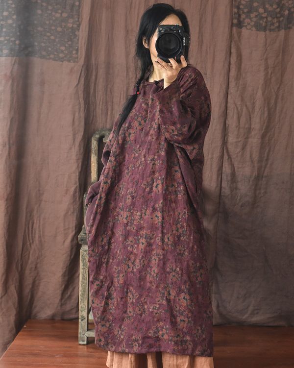 燕燕~秋季  砂洗做舊斜襟盤扣亞麻時髦花色 寬鬆洋裝 連身裙 