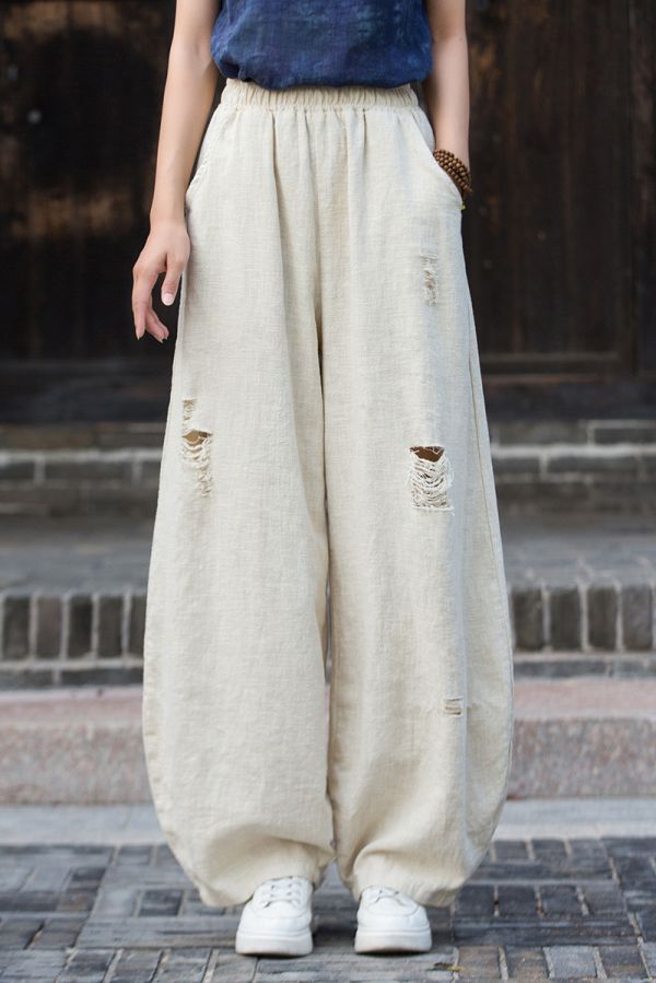 燕燕～秋季新款！苧麻 破洞炒色長褲 砂洗個性小眾流浪風燈籠褲 