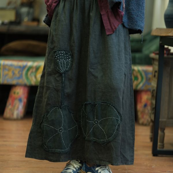 燕燕～春秋款 復古文藝高端水洗亞麻貼花長裙 