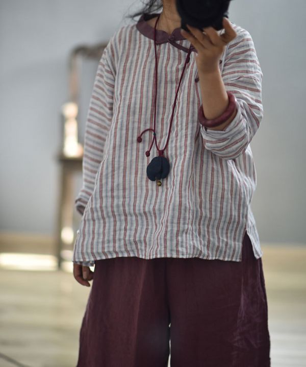 燕燕~棉麻商品~日系森林系~亞麻材質 寬鬆手工縫製盤扣上衣 長袖棉麻衫 